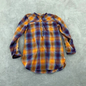 Woolrich Womens Plaid Tunic Top M Orange Blue Purple Polyester 2068